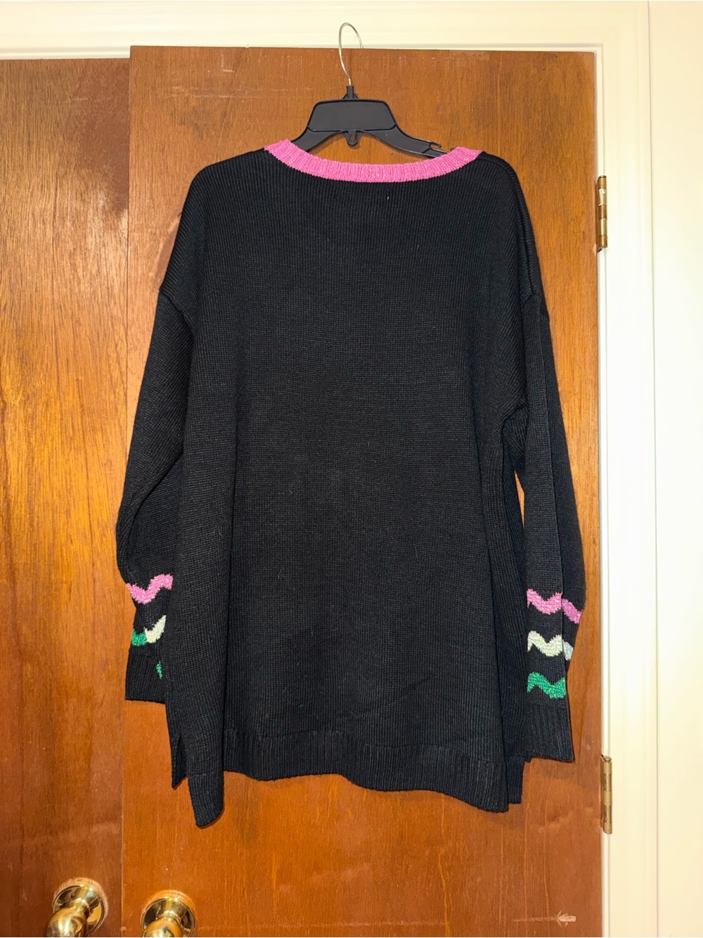 Black Crewneck Holiday Sweater with Pink Trim and Gingerbread Applique - Picture 2 of 5